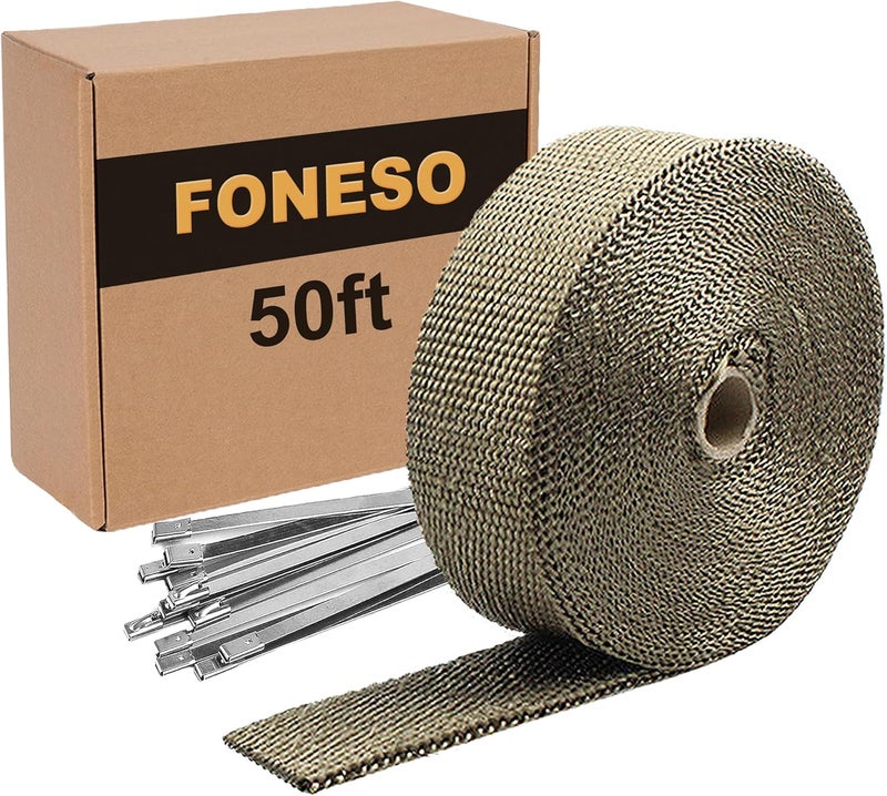 Foneso Exhaust Heat Wrap, 2in x 50ft Titanium Exhaust Muffler Tape Fiberglass Heat Shield Header Wrap for Car Motorcycle Pipes with 12 Pcs Stainless Steel Ties - Image 1